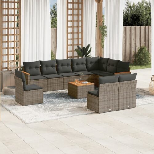 11-Piece Garden Sofa Set with Cushions Grey Poly Rattan Wicker Outdoor Patio Furniture - Image 2