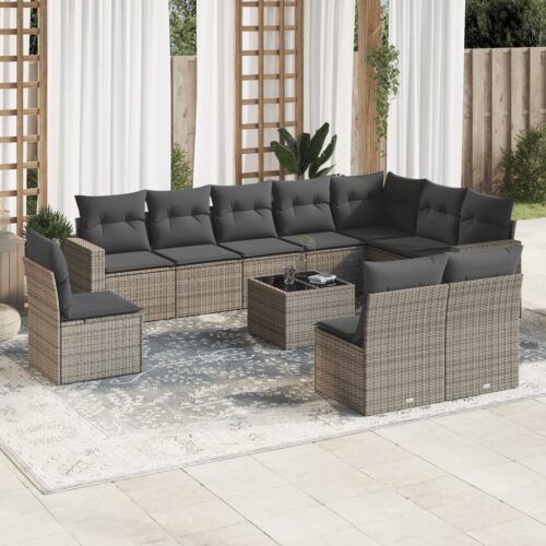 11-Piece Garden Sofa Set with Cushions Grey Poly Rattan Wicker Outdoor Patio Furniture - Image 2