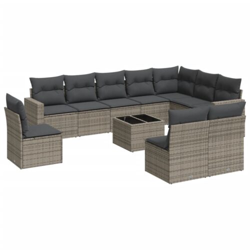 11-Piece Garden Sofa Set with Cushions Grey Poly Rattan Wicker Outdoor Patio Furniture - Image 5