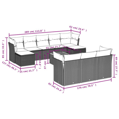 11-Piece Garden Sofa Set with Cushions Grey Poly Rattan Wicker Outdoor Patio Furniture - Image 3