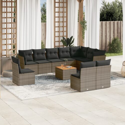 11-Piece Garden Sofa Set with Cushions Grey Poly Rattan Wicker Outdoor Patio Furniture - Image 2