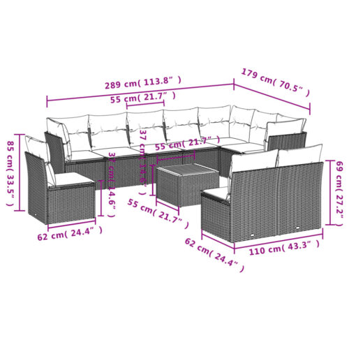 11-Piece Garden Sofa Set with Cushions Grey Poly Rattan Wicker Outdoor Patio Furniture - Image 3