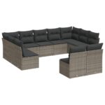 11-Piece Garden Sofa Set with Cushions Grey Poly Rattan Wicker Outdoor Patio Furniture