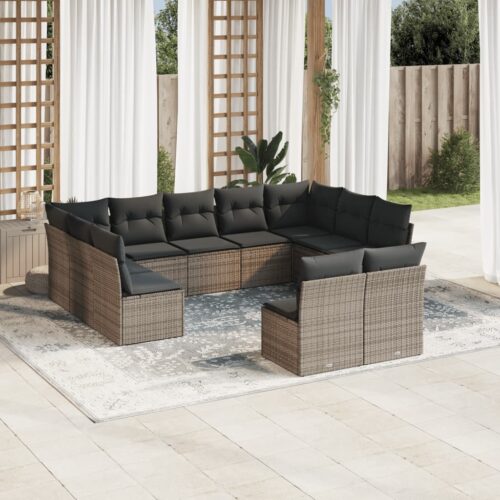11-Piece Garden Sofa Set with Cushions Grey Poly Rattan Wicker Outdoor Patio Furniture - Image 2