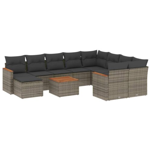11-Piece Garden Sofa Set with Cushions Grey Poly Rattan Wicker Outdoor Patio Furniture