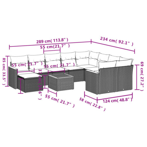 11-Piece Garden Sofa Set with Cushions Grey Poly Rattan Wicker Outdoor Patio Furniture - Image 9