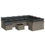 11-Piece Garden Sofa Set with Cushions Grey Poly Rattan Wicker Outdoor Patio Furniture