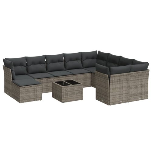 11-Piece Garden Sofa Set with Cushions Grey Poly Rattan Wicker Outdoor Patio Furniture