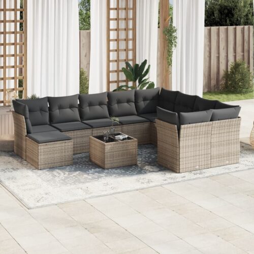 11-Piece Garden Sofa Set with Cushions Grey Poly Rattan Wicker Outdoor Patio Furniture - Image 2