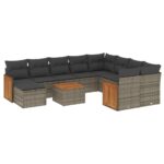 11-Piece Garden Sofa Set with Cushions Grey Poly Rattan Wicker Outdoor Patio Furniture
