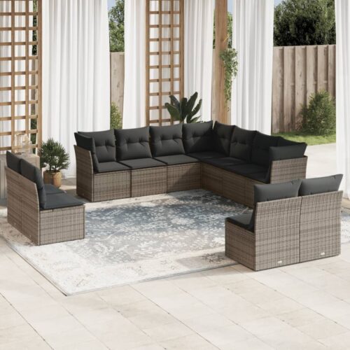 11-Piece Garden Sofa Set with Cushions Grey Poly Rattan Wicker Outdoor Patio Furniture - Image 2