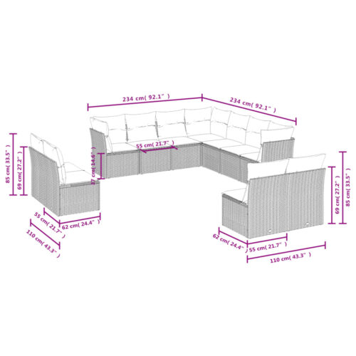 11-Piece Garden Sofa Set with Cushions Grey Poly Rattan Wicker Outdoor Patio Furniture - Image 3
