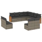 11-Piece Garden Sofa Set with Cushions Grey Poly Rattan Wicker Outdoor Patio Furniture