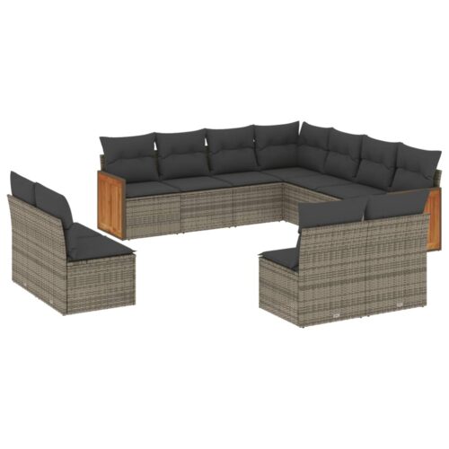 11-Piece Garden Sofa Set with Cushions Grey Poly Rattan Wicker Outdoor Patio Furniture