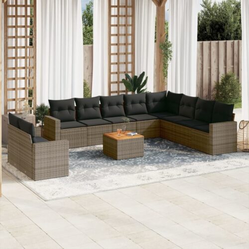 11-Piece Garden Sofa Set with Cushions Grey Poly Rattan Wicker Outdoor Patio Furniture - Image 2