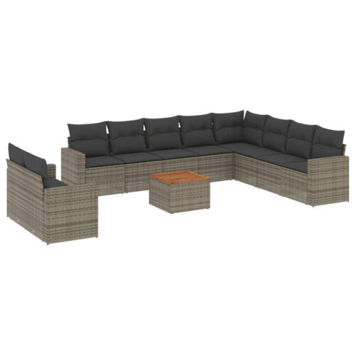 11-Piece Garden Sofa Set with Cushions Grey Poly Rattan Wicker Outdoor Patio Furniture - Image 5