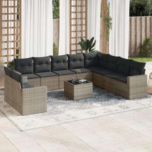 11-Piece Garden Sofa Set with Cushions Grey Poly Rattan Wicker Outdoor Patio Furniture - Image 2