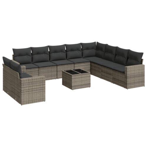 11-Piece Garden Sofa Set with Cushions Grey Poly Rattan Wicker Outdoor Patio Furniture - Image 5