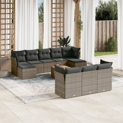 11-Piece Garden Sofa Set with Cushions Grey Poly Rattan Wicker Outdoor Patio Furniture - Image 2