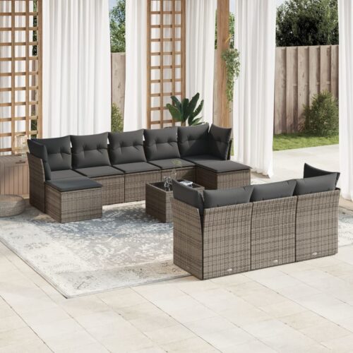 11-Piece Garden Sofa Set with Cushions Grey Poly Rattan Wicker Outdoor Patio Furniture - Image 2