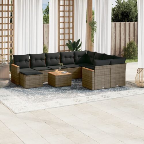 11-Piece Garden Sofa Set with Cushions Grey Poly Rattan Wicker Outdoor Patio Furniture - Image 2