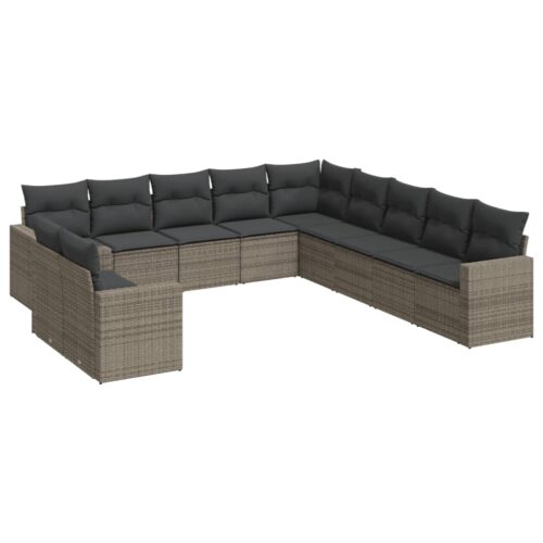 11-Piece Garden Sofa Set with Cushions Grey Poly Rattan Wicker Outdoor Patio Furniture