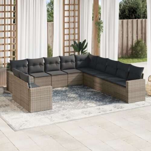 11-Piece Garden Sofa Set with Cushions Grey Poly Rattan Wicker Outdoor Patio Furniture - Image 2
