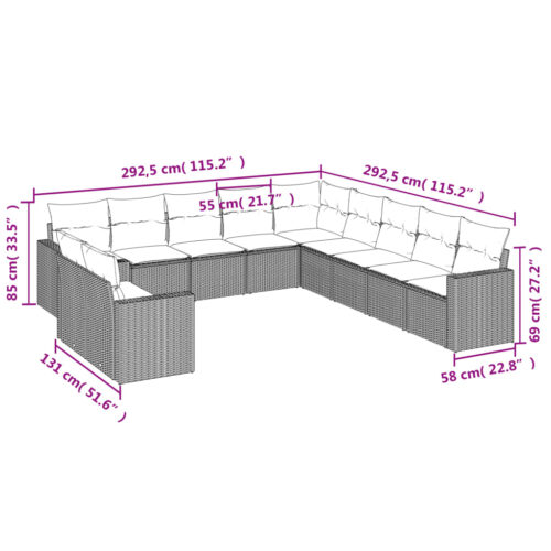 11-Piece Garden Sofa Set with Cushions Grey Poly Rattan Wicker Outdoor Patio Furniture - Image 3