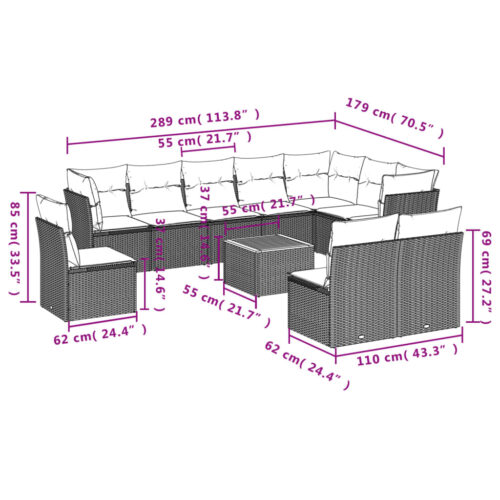 11-Piece Garden Sofa Set with Cushions Grey Poly Rattan Wicker Outdoor Patio Furniture - Image 7