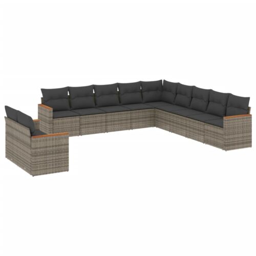 11-Piece Garden Sofa Set with Cushions Grey Poly Rattan Wicker Outdoor Patio Furniture