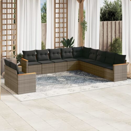 11-Piece Garden Sofa Set with Cushions Grey Poly Rattan Wicker Outdoor Patio Furniture - Image 2