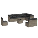 11-Piece Garden Sofa Set with Cushions Grey Poly Rattan Wicker Outdoor Patio Furniture