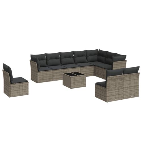 11-Piece Garden Sofa Set with Cushions Grey Poly Rattan Wicker Outdoor Patio Furniture - Image 5