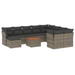 11-Piece Garden Sofa Set with Cushions Grey Poly Rattan Wicker Outdoor Patio Furniture