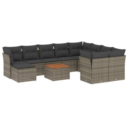11-Piece Garden Sofa Set with Cushions Grey Poly Rattan Wicker Outdoor Patio Furniture