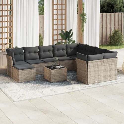 11-Piece Garden Sofa Set with Cushions Grey Poly Rattan Wicker Outdoor Patio Furniture - Image 2