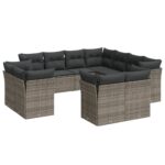11-Piece Garden Sofa Set with Cushions Grey Poly Rattan Wicker Outdoor Patio Furniture