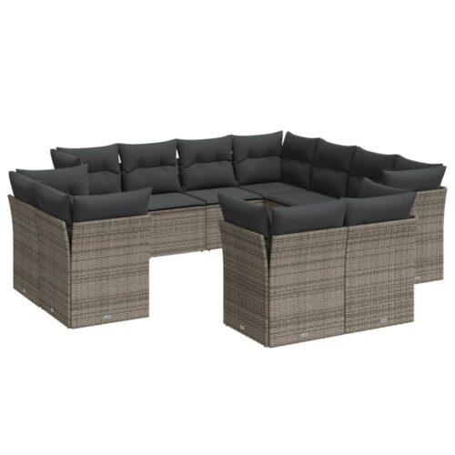 11-Piece Garden Sofa Set with Cushions Grey Poly Rattan Wicker Outdoor Patio Furniture