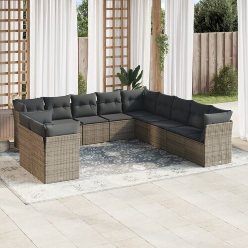 11-Piece Garden Sofa Set with Cushions Grey Poly Rattan Wicker Outdoor Patio Furniture - Image 2