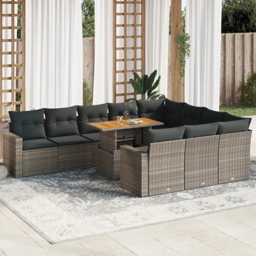 11-Piece Garden Sofa Set with Cushions Grey Poly Rattan Wicker Outdoor Patio Furniture - Image 2