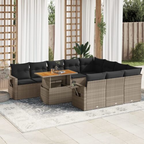 11-Piece Garden Sofa Set with Cushions Grey Poly Rattan Wicker Outdoor Patio Furniture - Image 2