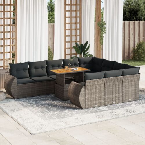 11-Piece Garden Sofa Set with Cushions Grey Poly Rattan Wicker Outdoor Patio Furniture - Image 2
