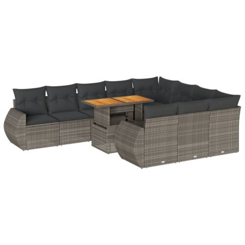 11-Piece Garden Sofa Set with Cushions Grey Poly Rattan Wicker Outdoor Patio Furniture - Image 13