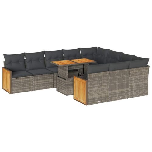 11-Piece Garden Sofa Set with Cushions Grey Poly Rattan Wicker Outdoor Patio Furniture Acacia - Image 13