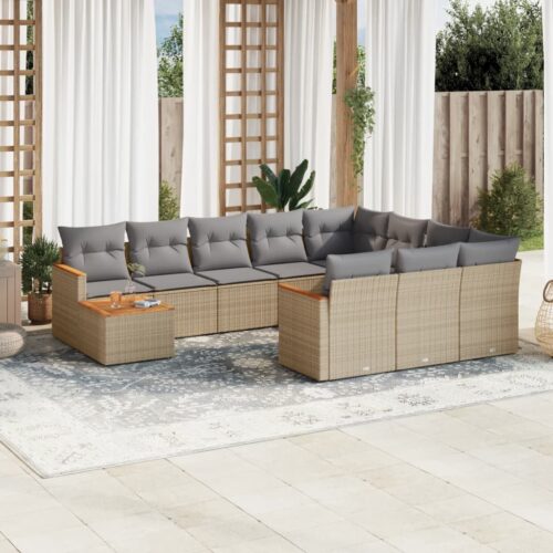 11-Piece Garden Sofa Set with Cushions Mix Beige Poly Rattan Wicker Outdoor Patio Furniture - Image 2