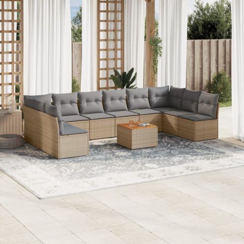 11-Piece Garden Sofa Set with Cushions Mix Beige Poly Rattan Wicker Outdoor Patio Furniture - Image 2