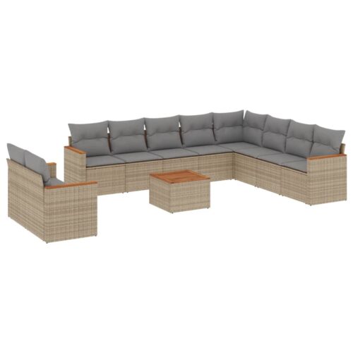 11-Piece Garden Sofa Set with Cushions Mix Beige Poly Rattan Wicker Outdoor Patio Furniture