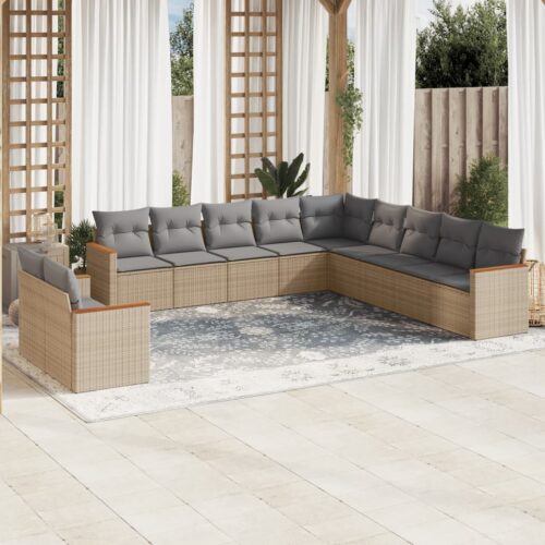 11-Piece Garden Sofa Set with Cushions Mix Beige Poly Rattan Wicker Outdoor Patio Furniture - Image 2