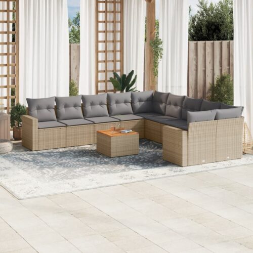 11-Piece Garden Sofa Set with Cushions Mix Beige Poly Rattan Wicker Outdoor Patio Furniture - Image 2