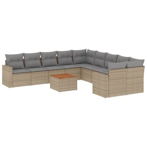 11-Piece Garden Sofa Set with Cushions Mix Beige Poly Rattan Wicker Outdoor Patio Furniture - Image 14